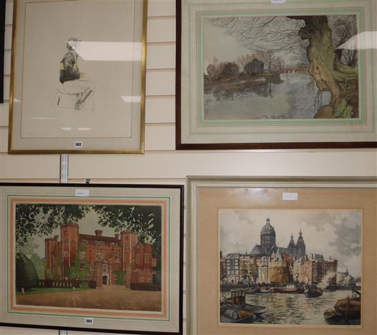 Alfred Palmer, two watercolours and a print by Roodenburg, View of Amsterdam, watercolours 38 x 55cm, print 40 x 49cm